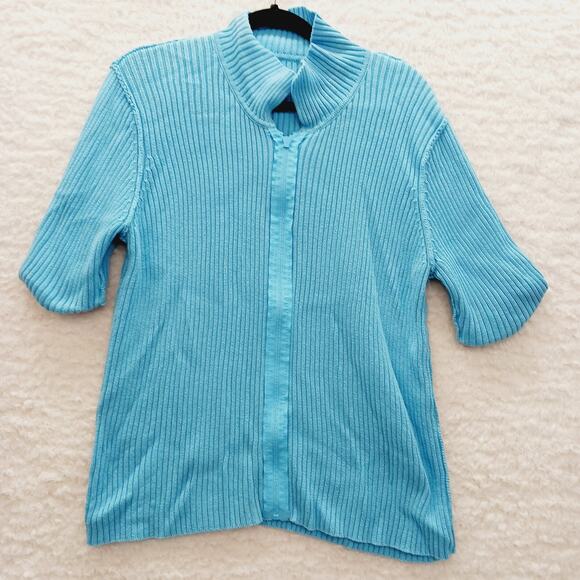 Sweater Full Zip Size L Rhinestone Zipper Powder Blue Dopamine Dressing Ribbed - Picture 12 of 15